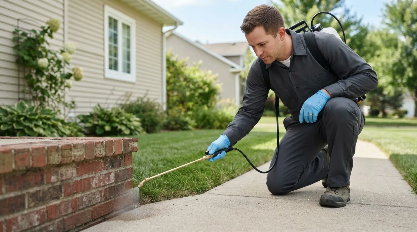 Pest control technician treating a home near Barney, ND